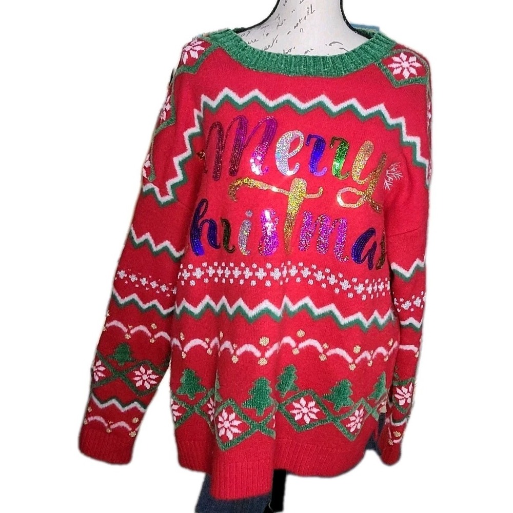 Holiday Time "Merry‎ Christmas" Sequin Ugly Christmas Sweater Womens XL